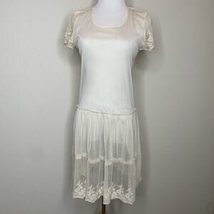 Mesh Sheer Beige Lace Tiered Ruffle Dress Sz Medium Cottagecore Fairy